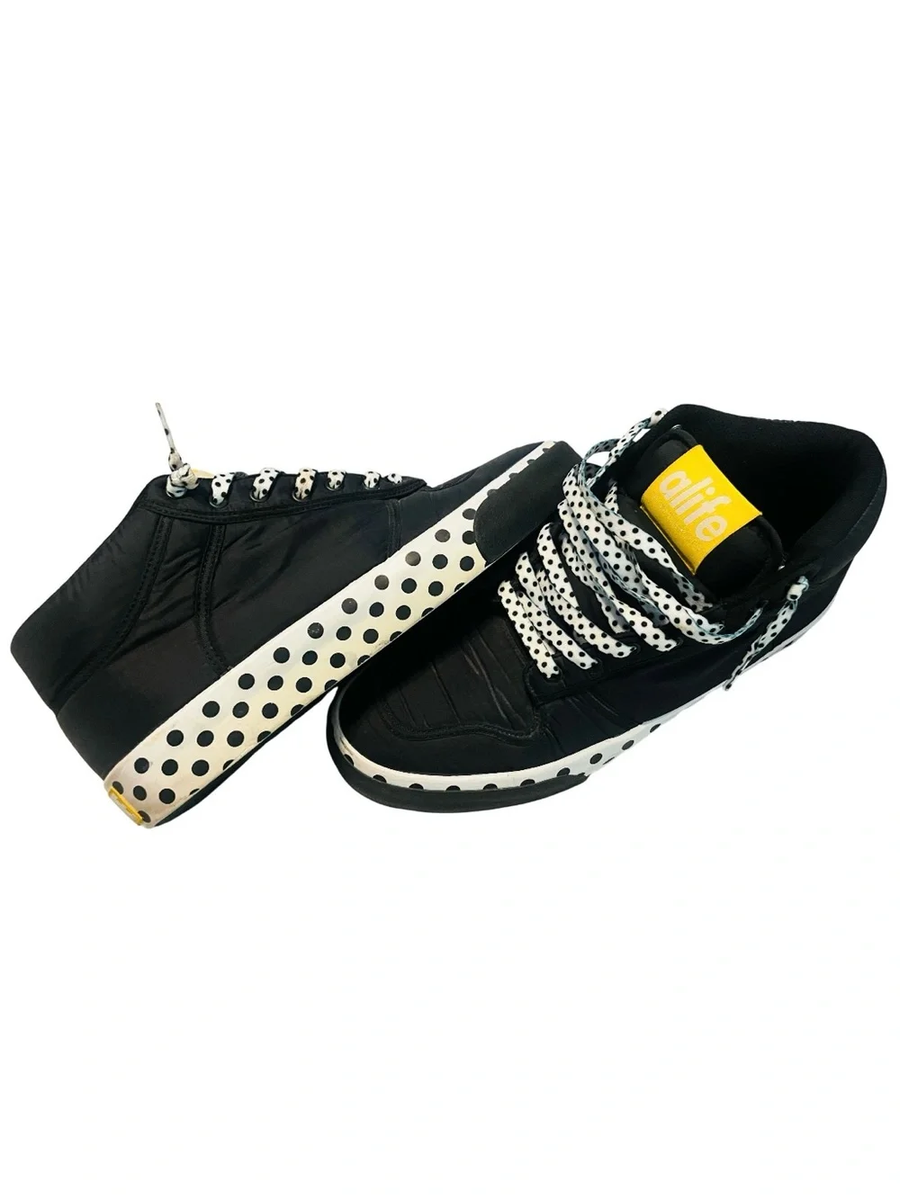 Alife Black High-Top Sneakers with Yellow Logo and White Polka Dot Laces